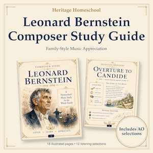 Könnte beinhalten: Ein Leonard Bernstein Komponisten-Studienführer mit zwei aufgeschlagenen Seiten. Die linke Seite zeigt ein Porträt von Leonard Bernstein und den Text 'Listen, Learn, Appreciate'. Die rechte Seite ist mit 'Overture to Candide' betitelt und enthält einen Abschnitt zur Musikgeschichte mit einer Illustration eines Schiffes und einer Burg.