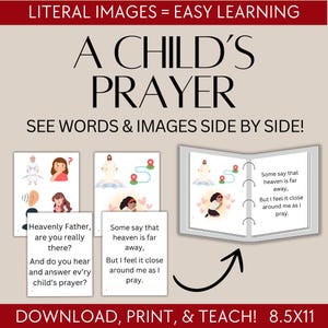 Peut inclure: Ressource pédagogique A Child's Prayer. L'image montre un livre avec des illustrations et du texte, dont les phrases « Heavenly Father, are you really there? » et « Some say that heaven is far away. » Le livre mesure 21,59 x 27,94 cm.