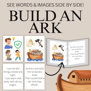 May include: Educational poster with the text "BUILD AN ARK". The poster includes illustrations of people, tools, and an ark, along with related text. The bottom of the poster reads "DOWNLOAD, PRINT, & TEACH! 8.5X11".