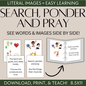 Puede incluir: Un recurso educativo con el texto "SEARCH, PONDER AND PRAY" y "SEE WORDS & IMAGES SIDE BY SIDE!". Incluye ilustraciones y texto en tarjetas, y un libro con el mismo texto. El tamaño es de 21,59 x 27,94 cm.