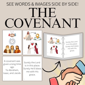 Könnte beinhalten: Ein gedrucktes Lehrmittel mit dem Titel "THE COVENANT" mit Illustrationen und Text. Das Design umfasst Bilder von Personen, Karten und einem Händedruck, mit dem Text "SEE WORDS & IMAGES SIDE BY SIDE!" und "DOWNLOAD, PRINT, & TEACH! 8.5X11".