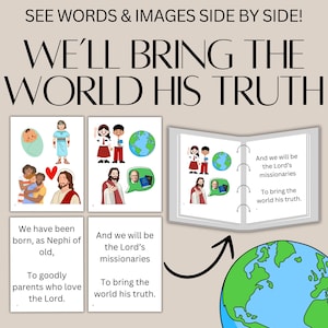 May include: Educational poster with the text "WE'LL BRING THE WORLD HIS TRUTH." The poster includes illustrations of people, a globe, and text boxes with phrases. The bottom of the poster reads "DOWNLOAD, PRINT, & TEACH! 8.5X11".