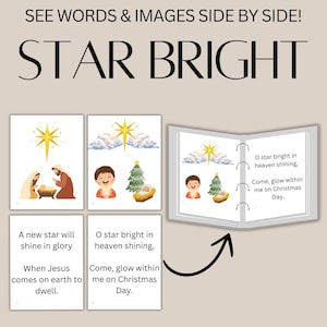 May include: A learning resource titled "Star Bright" with illustrations and text. The images depict a star, nativity scene, and Christmas tree. The text includes phrases like "A new star will shine in glory" and "O star bright in heaven shining."