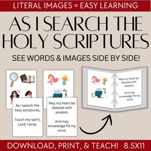 Puede incluir: Impresión educativa con el texto "AS I SEARCH THE HOLY SCRIPTURES". La imagen incluye ilustraciones de una lupa, un libro abierto y personas con corazones y bombillas. También está presente el texto "SEE WORDS & IMAGES SIDE BY SIDE!"