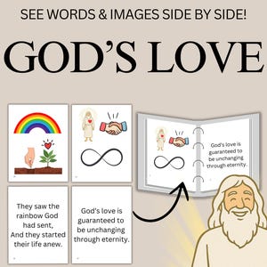 Pode incluir: Cartaz educativo com o texto "GOD'S LOVE". O cartaz inclui ilustrações de um arco-íris, um coração e um símbolo de infinito. O texto "SEE WORDS & IMAGES SIDE BY SIDE!" também está presente. O cartaz mede 21,59 cm x 27,94 cm.