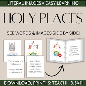 Op de afbeelding: Een leermiddel getiteld "HOLY PLACES" met tekst en illustraties. De afbeelding bevat een tempelillustratie, een afbeelding van Christus en een wereldbol. De tekst luidt "ZIE WOORDEN & BEELDEN NAAST ELKAAR!" en "DOWNLOAD, PRINT & TEACH! 8.5X11".