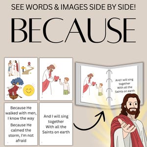 Puede incluir: Un póster educativo beige con la palabra "BECAUSE" en letras negras grandes. El póster incluye ilustraciones y texto sobre la fe, con el texto "DOWNLOAD, PRINT, & TEACH! 8.5X11".
