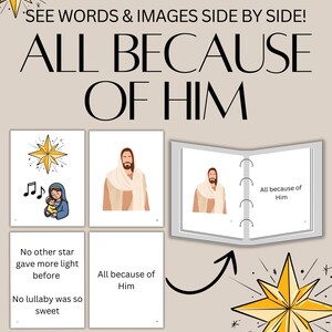 May include: A printable educational resource with the text "ALL BECAUSE OF HIM." The image includes illustrations of a star, Jesus, and Mary with baby Jesus. The text "DOWNLOAD, PRINT, & TEACH!" is also present.
