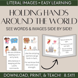 Könnte beinhalten: Lehrmittel mit dem Text "HOLDING HANDS AROUND THE WORLD." Das Bild enthält Illustrationen und Text aus einem Buch, mit den Worten "DOWNLOAD, PRINT, & TEACH! 8.5X11" am unteren Rand.