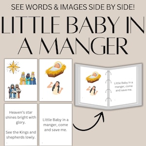 May include: A learning resource with the text "Little Baby in a Manger." The image includes illustrations of the nativity scene, a star, the three wise men, and a baby in a manger. The text "Download, Print, & Teach!" is also visible.