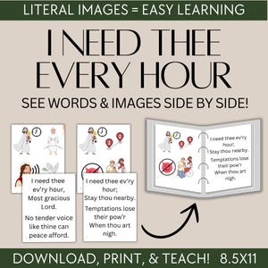 Könnte beinhalten: Lehrreicher Druck mit dem Text "I NEED THEE EVERY HOUR" und Illustrationen. Das Bild zeigt ein Büchlein und Karten mit religiösen Bildern und Text. Das Design ist für Lern- und Lehrzwecke gedacht.
