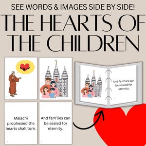 Puede incluir: Póster educativo con el texto "THE HEARTS OF THE CHILDREN". Incluye ilustraciones de un profeta, una familia y un edificio. El póster también presenta el texto "Malachi prophesied the hearts shall turn" y "And fam'lies can be sealed for eternity."