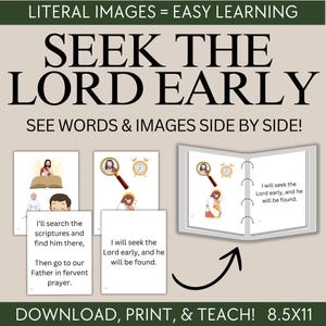Könnte beinhalten: Lehrreiche Druckvorlagen mit dem Text "SEEK THE LORD EARLY" und "SEE WORDS & IMAGES SIDE BY SIDE!". Das Bild enthält Illustrationen von Jesus, einer Lupe und einer Uhr. Der Text "DOWNLOAD, PRINT, & TEACH! 21.59cm x 27.94cm" ist ebenfalls vorhanden.