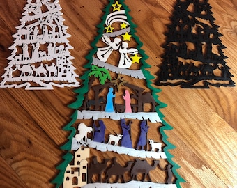 Unique, minimalist, wood nativity as a one piece Christmas tree with a nativity silhouette scene