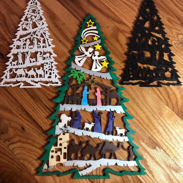 Unique, minimalist, wood nativity as a one piece Christmas tree with a nativity silhouette scene