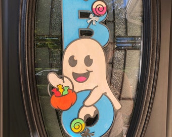 BOO Halloween Door Hanger, Cute Ghost Door Sign, Trick or Treat Decor, Halloween Porch Sign, Vertical Wooden Door Decor, Ghost & Candy
