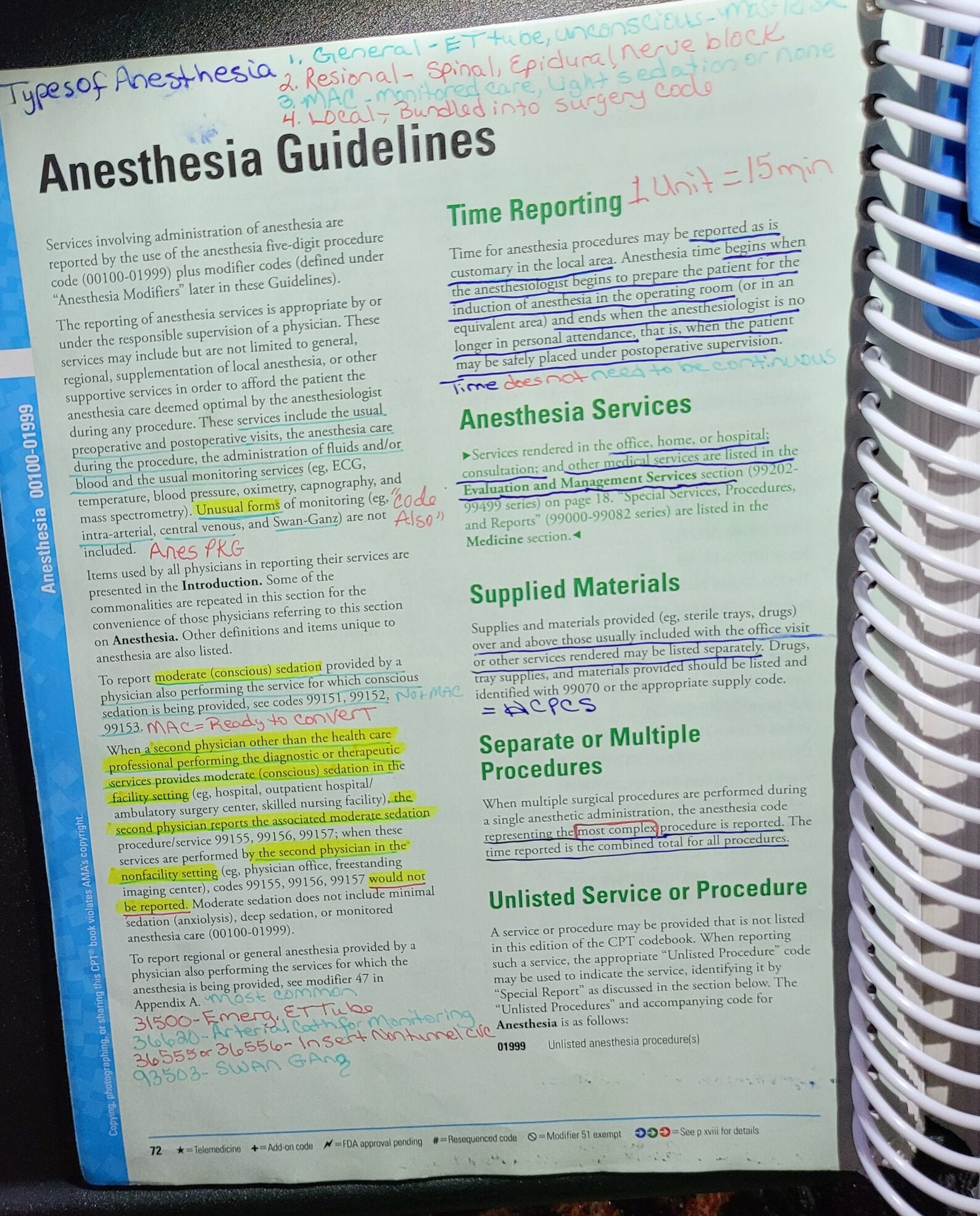 AAPC CPC CPT Anesthesia guideline notes test example codes | Etsy