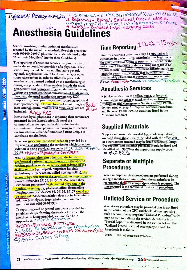 AAPC CPC CPT Anesthesia guideline notes test example codes Etsy