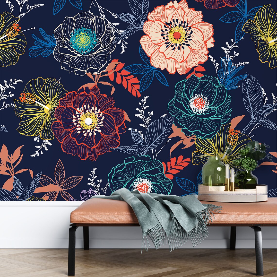 Colorful botanical wallpaper Nursery wallpaper Natural Forest Etsy