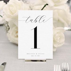 Może przedstawiać: Biała karta z numerem stołu ze słowem "table" w eleganckim skrypcie i numerem "1" pogrubioną czernią. Karta zawiera imiona Melissa & Lucas oraz datę 12 lipca 2025 r. Białe róże w tle.