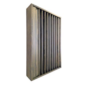 May include: A rectangular, wooden acoustic panel with vertical slats. The panel is a muted gray color and has a modern, minimalist design. The slats are evenly spaced, creating a textured surface. The panel is designed for sound absorption.