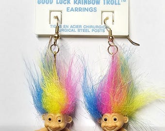 FINAL CLEARANCE Vintage Rainbow Troll Doll Earrings: 1980s-90s Kitsch Collectible