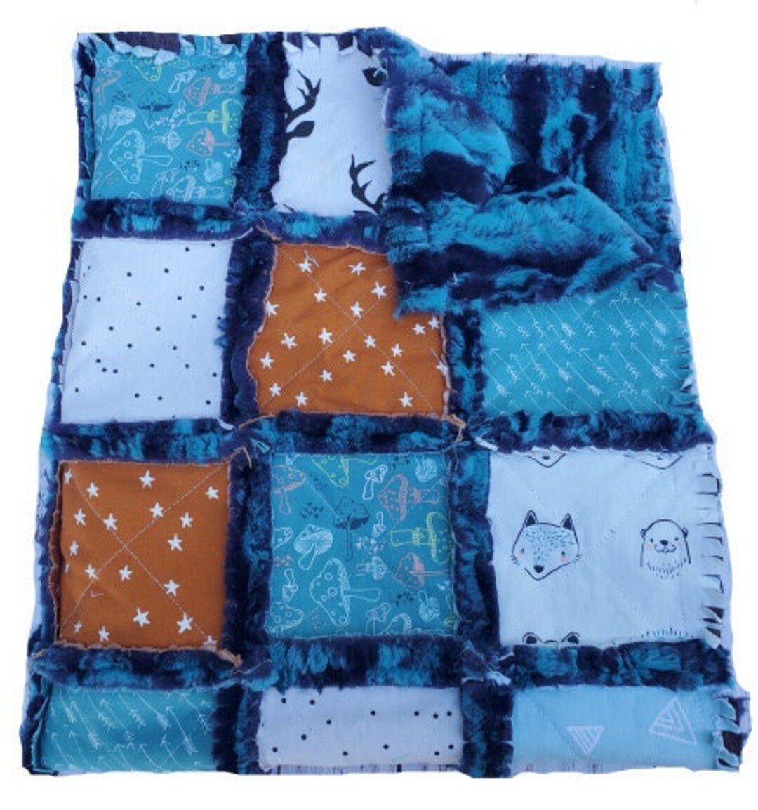 Handmade Patchwork Quilt, Mini Crib Quilt, Rag Quilt Baby, Woodland