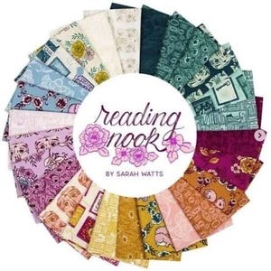 May include: A circular arrangement of fabric swatches in various colors and patterns. The fabrics include floral, cat, and book designs. A white circle in the center features the words "reading nook" and "by Sarah Watts" in script.