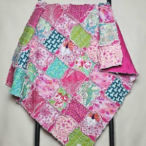 Pink and Green Peacock Baby Rag Quilt: Floral Boho Crib Bedding