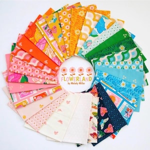 May include: A circular arrangement of fabric swatches featuring a variety of colorful patterns including flowers, butterflies, and geometric shapes. The center features a white label with four pink flowers and the text Flowerland by Melody Miller.