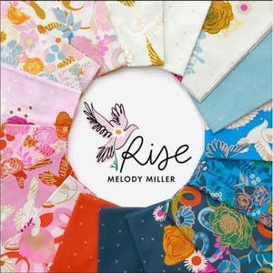 May include: A collection of floral fabric swatches in various colors, including pink, orange, blue, and white, arranged around a white circle with a dove logo and the text "Rise Melody Miller."