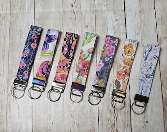 Floral Fabric Key Fob Wristlet: Handmade Cotton Keychain