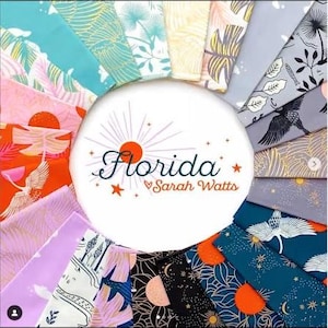 May include: A collection of patterned fabric swatches in various colors, including teal, pink, and gray. The fabrics feature botanical and celestial designs, with a central white circle displaying the word "Florida" and the designer's name.