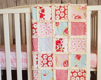 Handmade Quilt, Baby Shower Gift, Shabby Chic Quilt, Crib Quilt, Rag Quilt, Floral Quilt, Lovey Blanket, Patchwork Quilt, Toddler Quilt