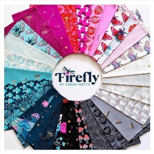 May include: A collection of colorful fabric swatches arranged in a circular pattern. The fabrics feature various designs, including butterflies, mushrooms, and floral patterns. The center of the arrangement displays the "Firefly by Sarah Watts" logo.
