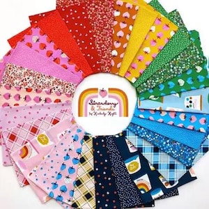 May include: A colorful assortment of fabric swatches arranged in a circular pattern. The fabrics feature various patterns, including strawberries, florals, and geometric designs, in shades of red, pink, yellow, green, and blue. A central white circle displays the text "Strawberry & Friends by Kimberly Knight."