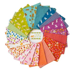 May include: A circular arrangement of colorful fabric squares with various animal and floral patterns. The fabrics are in shades of green, blue, pink, orange, and purple. A central white circle displays the text "animal animal" and "Collaborative Collection."
