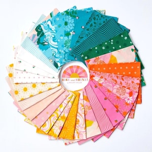 May include: A circular arrangement of fabric swatches featuring a diverse array of patterns including floral, geometric, and wavy designs in a vibrant color palette of teal, green, orange, pink, and yellow, with a central label reading RISE AND SHINE!