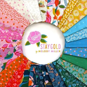 May include: A collection of colorful fabric swatches arranged in a circular pattern around a white circle with the text "STAY GOLD by MELODY MILLER". The fabrics feature floral and botanical designs in shades of pink, orange, yellow, blue, and green.