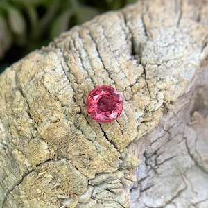 May include: A round, faceted, pink gemstone sits on a piece of weathered wood. The gemstone has a brilliant cut, reflecting light. The wood has a rough, textured surface with various shades of brown and grey.