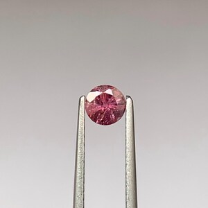 May include: A round, faceted, pink gemstone held by silver tweezers. The gemstone has a brilliant cut, reflecting light. The background is a plain, light grey. The tweezers are centered, showcasing the gem's colour and clarity.