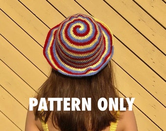 Swirly spiral tie dye psychadelic funky bucket hat / sun hat 4in1 crochet pattern by Crocheigh