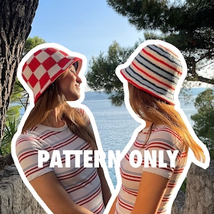 May include: Two people wearing red and white striped shirts and bucket hats. The hats are crocheted and have different patterns. The text "PATTERN ONLY" is superimposed on the image.