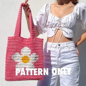 Flower market bag, filet and tapestry net tote crochet pattern by Crocheigh