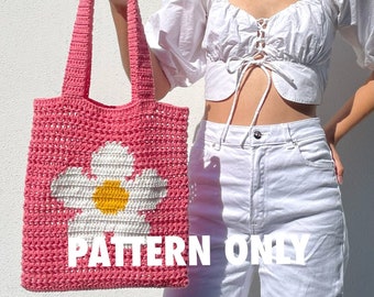 Flower market bag, filet and tapestry net tote crochet pattern by Crocheigh