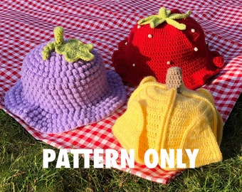 Fruit salad hats - collection of Strawberry, Banana, Grape crochet bucket hat / sun hat crochet patterns by Crocheigh
