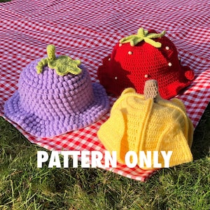 Fruit salad hats - collection of Strawberry, Banana, Grape crochet bucket hat / sun hat patterns by Crocheigh