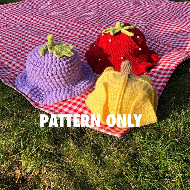 Fruit salad hats collection of Strawberry, Banana, Grape crochet bucket hat / sun hat patterns by Crocheigh image 1