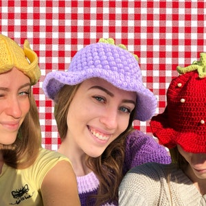 Fruit salad hats collection of Strawberry, Banana, Grape crochet bucket hat / sun hat patterns by Crocheigh image 2