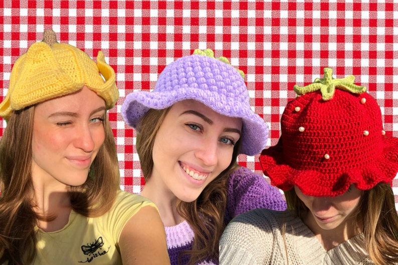 Fruit salad hats collection of Strawberry, Banana, Grape crochet bucket hat / sun hat patterns by Crocheigh image 2